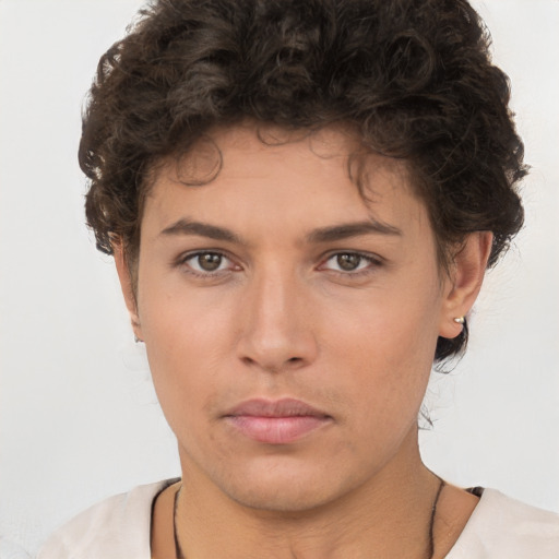 Neutral white young-adult female with short  brown hair and brown eyes