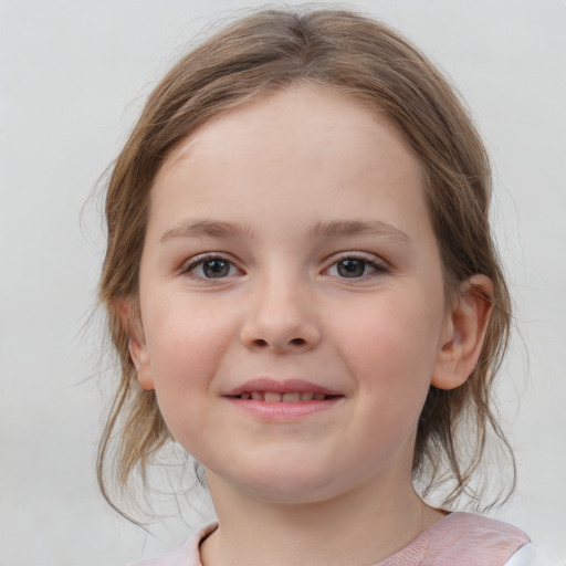 Joyful white child female with medium  brown hair and blue eyes