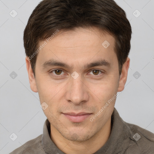 Neutral white young-adult male with short  brown hair and brown eyes