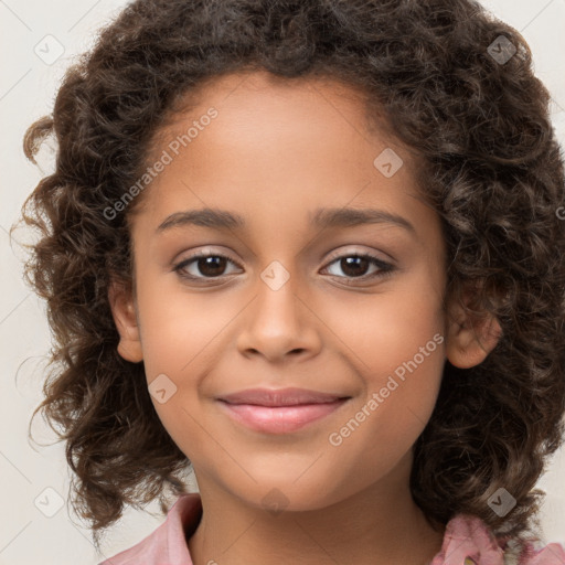 Joyful white child female with medium  brown hair and brown eyes