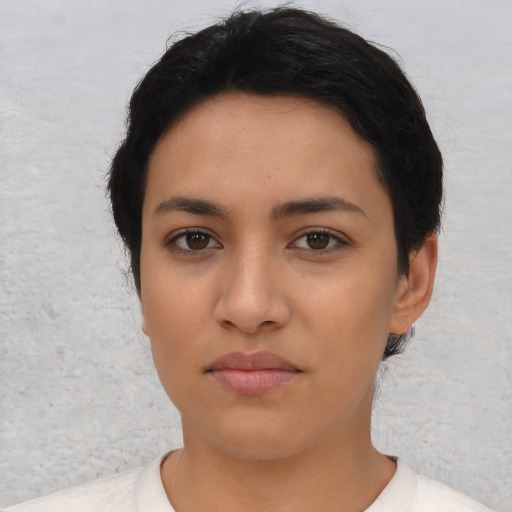 Neutral asian young-adult female with short  black hair and brown eyes