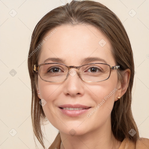 Joyful white adult female with medium  brown hair and grey eyes