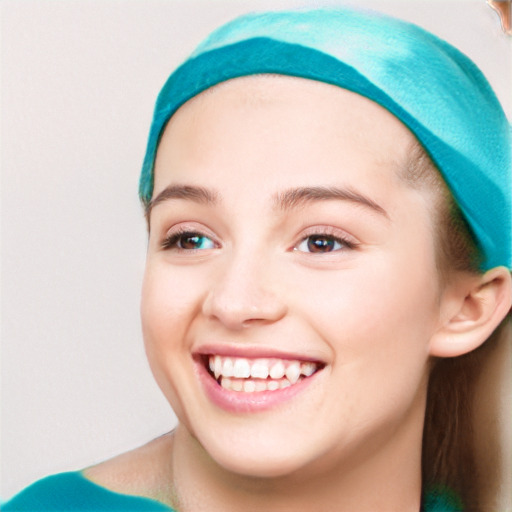 Joyful white young-adult female with short  brown hair and blue eyes