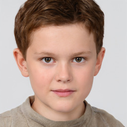 Joyful white child male with short  brown hair and grey eyes