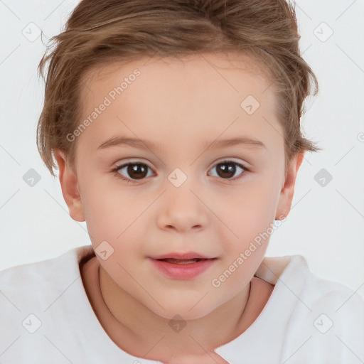 Joyful white child female with short  brown hair and brown eyes