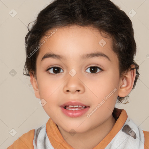 Joyful white child female with short  brown hair and brown eyes