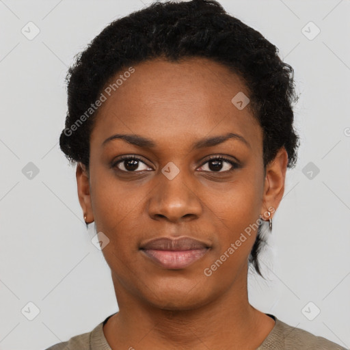 Neutral black young-adult female with short  black hair and brown eyes