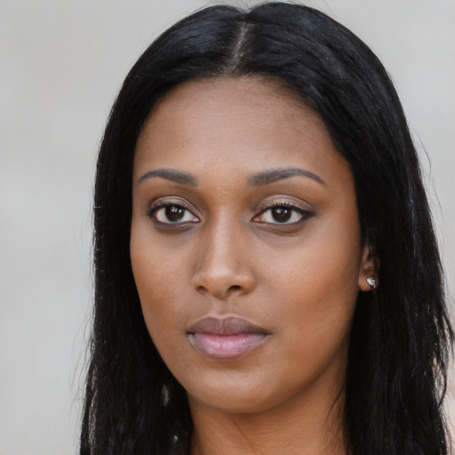 Neutral asian young-adult female with long  black hair and brown eyes