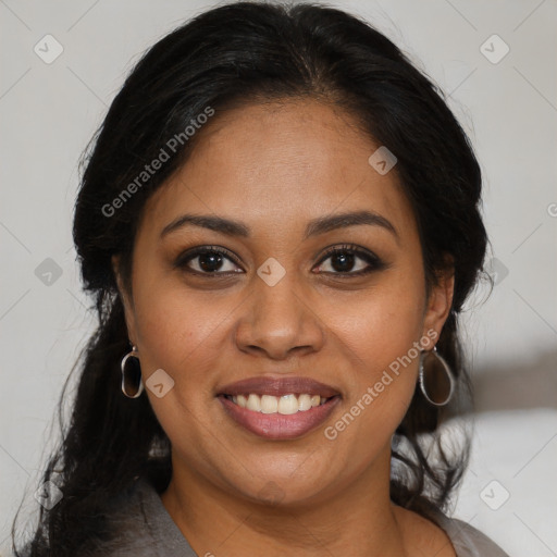 Joyful black young-adult female with medium  brown hair and brown eyes