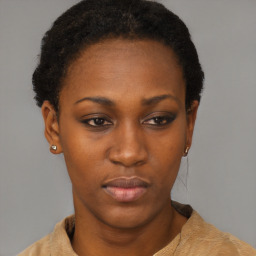 Neutral black young-adult female with short  black hair and brown eyes