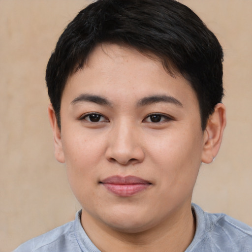 Joyful asian young-adult female with short  brown hair and brown eyes