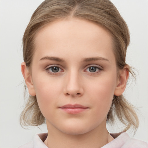 Neutral white young-adult female with medium  brown hair and grey eyes