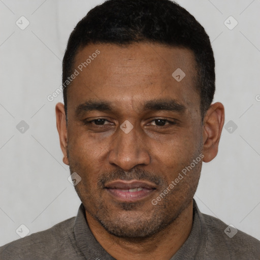 Neutral latino adult male with short  black hair and brown eyes