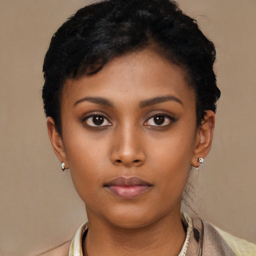 Neutral latino young-adult female with short  black hair and brown eyes