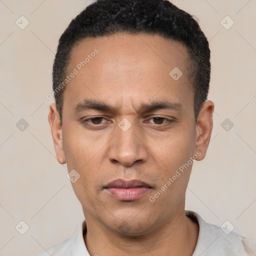 Neutral latino young-adult male with short  black hair and brown eyes