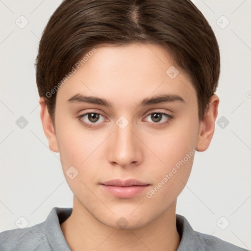 Neutral white young-adult female with short  brown hair and brown eyes