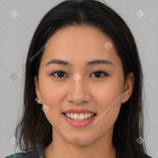 Joyful asian young-adult female with medium  brown hair and brown eyes