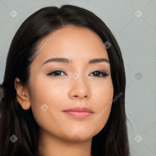 Neutral latino young-adult female with long  black hair and brown eyes