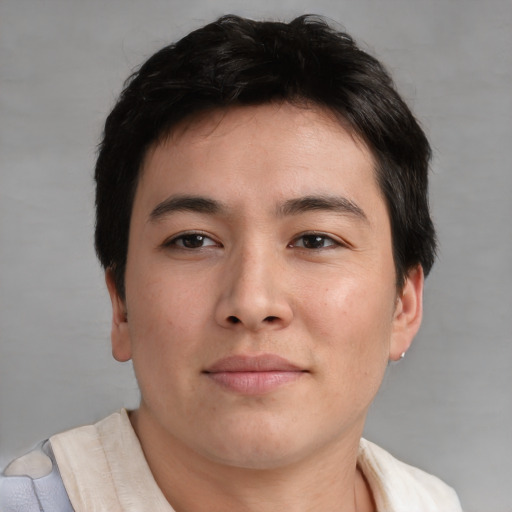 Neutral asian young-adult male with short  brown hair and brown eyes