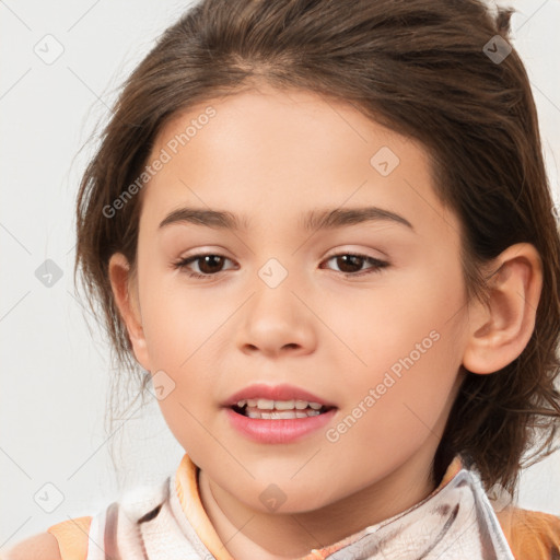 Joyful white child female with medium  brown hair and brown eyes