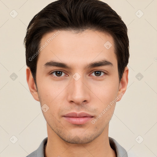 Neutral white young-adult male with short  brown hair and brown eyes