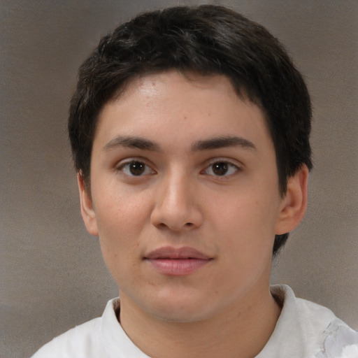 Neutral white young-adult female with short  brown hair and brown eyes