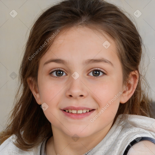 Joyful white child female with medium  brown hair and brown eyes