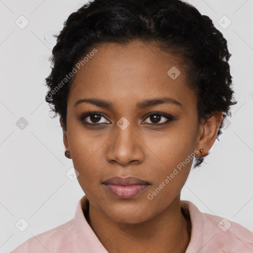 Neutral black young-adult female with short  black hair and brown eyes