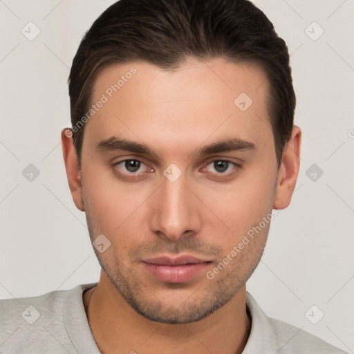 Neutral white young-adult male with short  brown hair and brown eyes