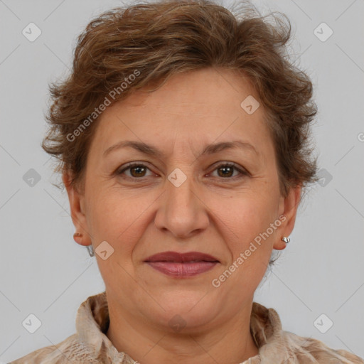 Joyful white adult female with short  brown hair and brown eyes