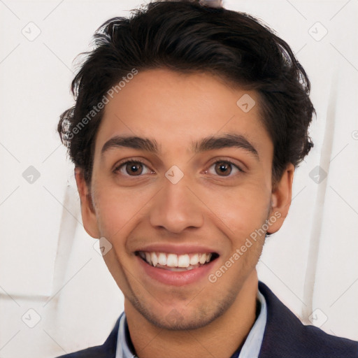 Joyful white young-adult male with short  black hair and brown eyes