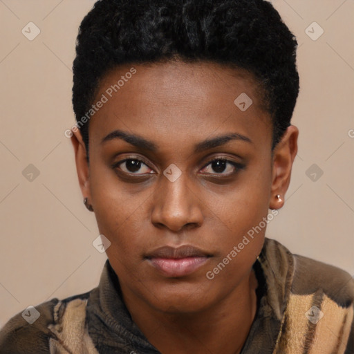 Neutral black young-adult female with short  black hair and brown eyes