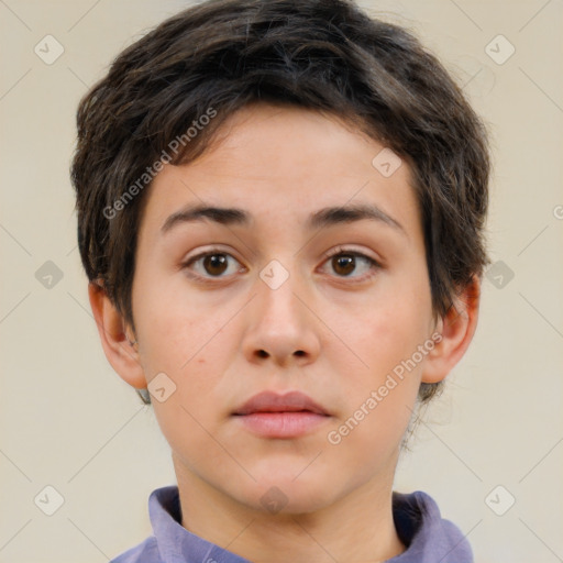 Neutral white young-adult female with short  brown hair and brown eyes