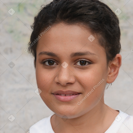 Joyful white child female with short  brown hair and brown eyes