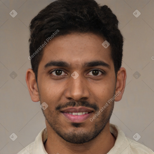 Joyful latino young-adult male with short  brown hair and brown eyes