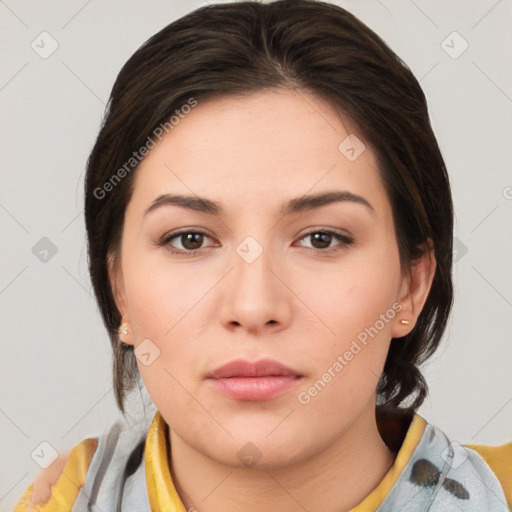 Neutral white young-adult female with medium  brown hair and brown eyes