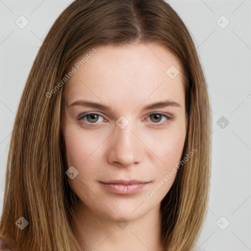 Neutral white young-adult female with long  brown hair and brown eyes