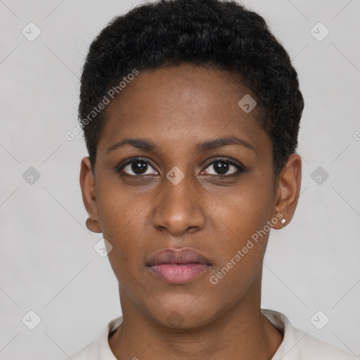 Neutral black young-adult female with short  brown hair and brown eyes