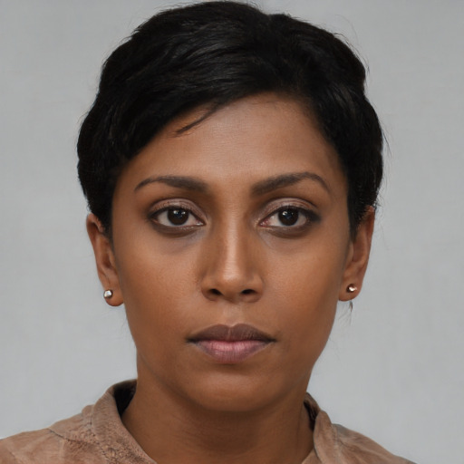 Neutral asian young-adult female with short  black hair and brown eyes
