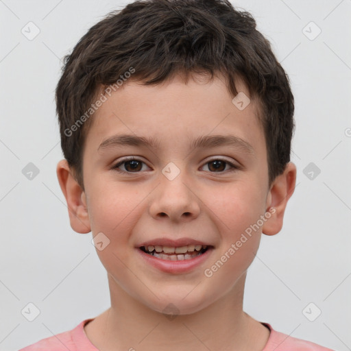 Joyful white child male with short  brown hair and brown eyes