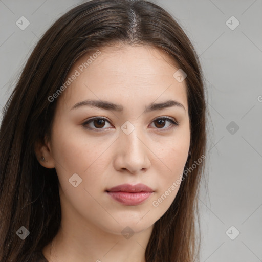 Neutral white young-adult female with long  brown hair and brown eyes