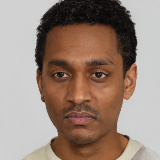 Neutral black young-adult male with short  black hair and brown eyes