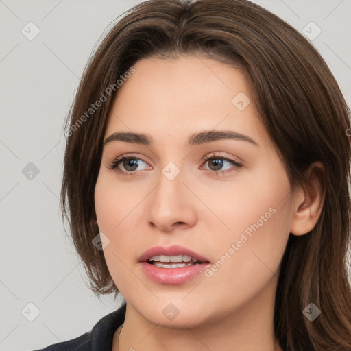 Neutral white young-adult female with medium  brown hair and brown eyes