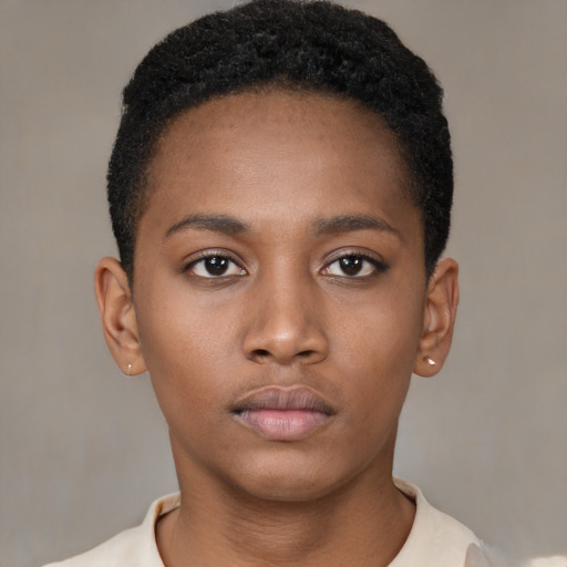 Neutral black young-adult female with short  black hair and brown eyes