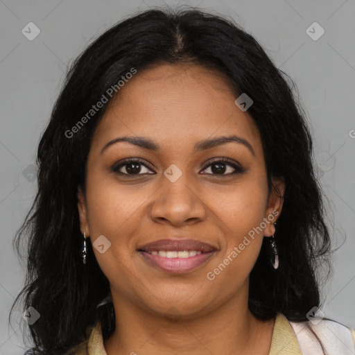 Joyful black young-adult female with long  brown hair and brown eyes