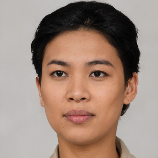 Neutral asian young-adult female with short  black hair and brown eyes