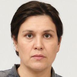 Neutral white adult female with short  brown hair and brown eyes