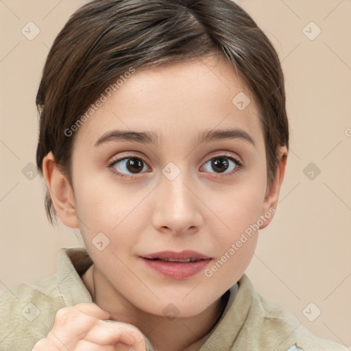 Joyful white child female with medium  brown hair and brown eyes