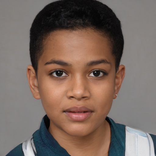 Joyful black child female with short  brown hair and brown eyes