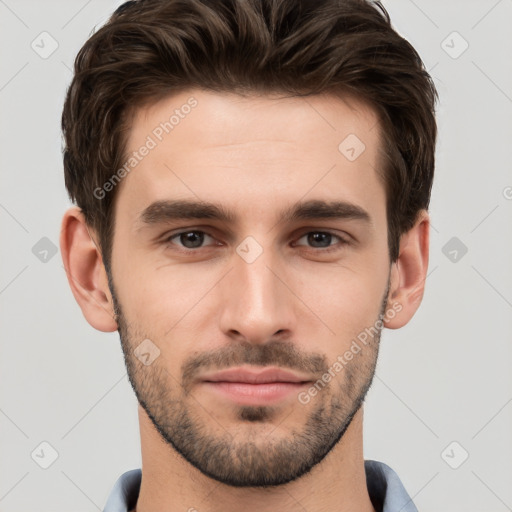 Neutral white young-adult male with short  brown hair and brown eyes